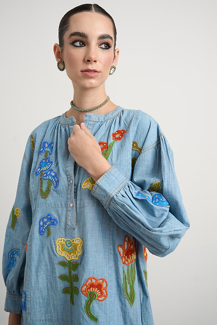 Blue Chambray Motif Patchwork Mini Vacation Dress by Nakateki at Pernia's Pop Up Shop