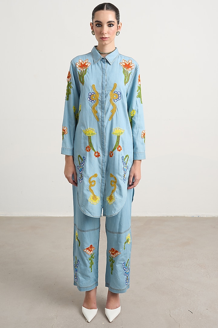 Blue Denim Floral Patchwork Co-Ord Set by Nakateki at Pernia's Pop Up Shop