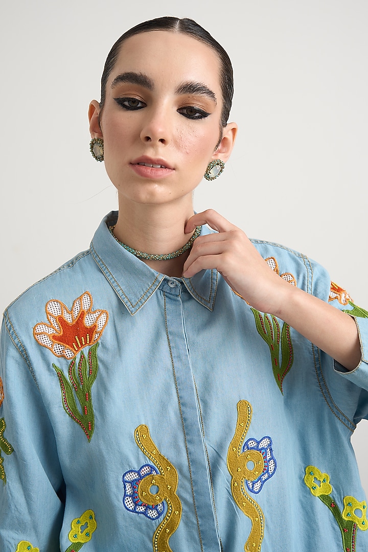 Blue Denim Floral Patchwork Co-Ord Set by Nakateki at Pernia's Pop Up Shop