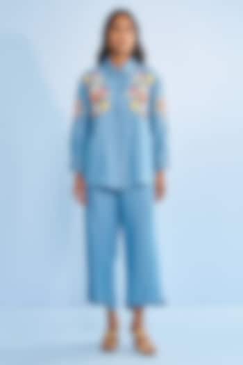 Blue Denim Floral & Bead Embroidery Co-ord Set by Nakateki at Pernia's Pop Up Shop