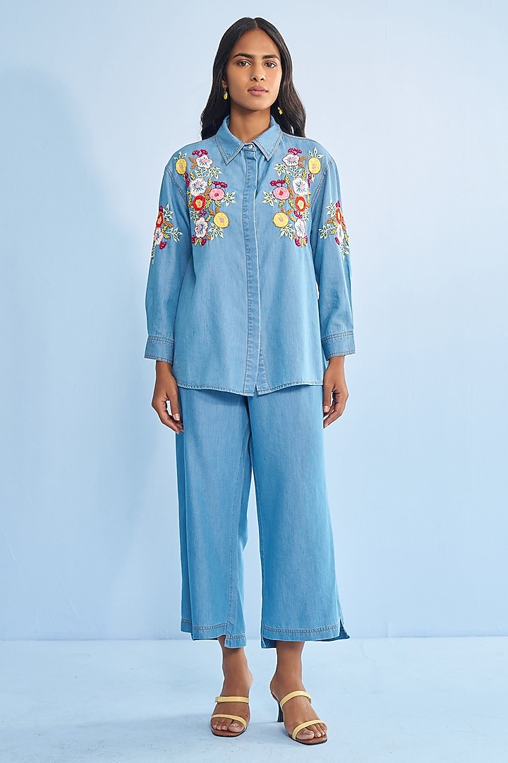 Blue Denim Floral & Bead Embroidery Co-ord Set by Nakateki at Pernia's Pop Up Shop