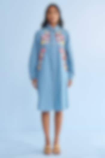 Blue Cotton Bead Floral Embroidered Vacation Shirt Dress by Nakateki at Pernia's Pop Up Shop