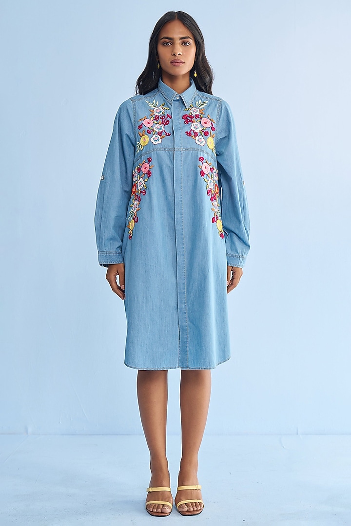Blue Cotton Bead Floral Embroidered Vacation Shirt Dress by Nakateki at Pernia's Pop Up Shop