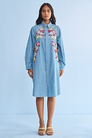 Blue Cotton Bead Floral Embroidered Shirt Dress by Nakateki