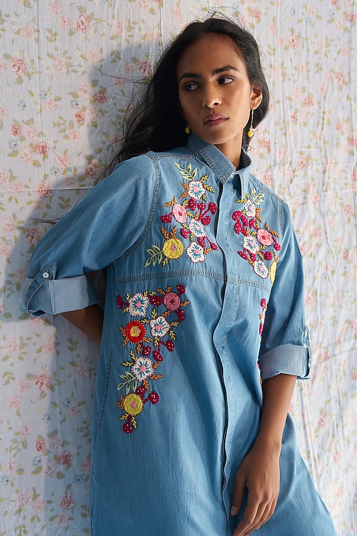 Blue Cotton Bead Floral Embroidered Vacation Shirt Dress by Nakateki at Pernia's Pop Up Shop