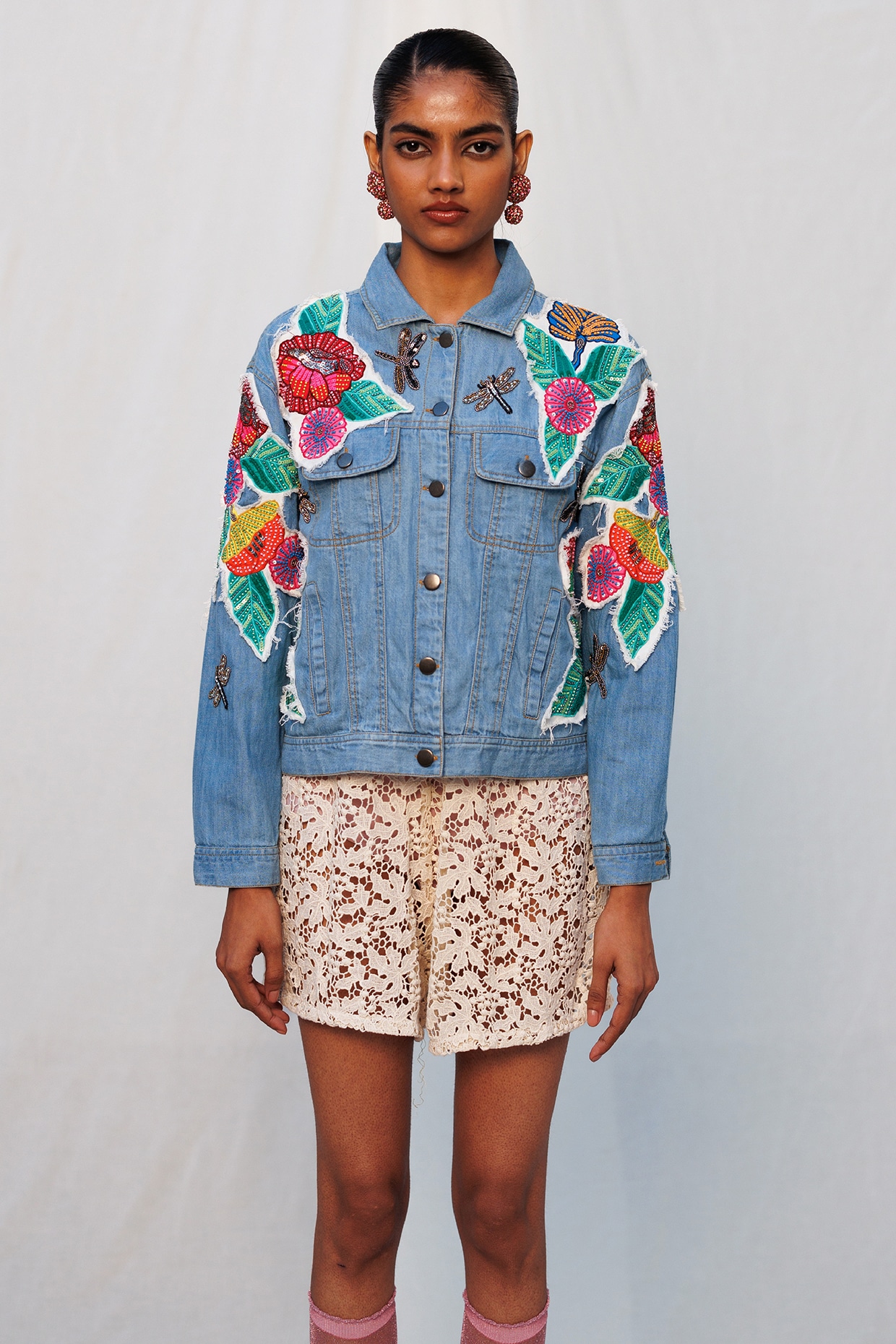 Nakateki Blue Denim Elastane Floral Applique Embroidered Jacket