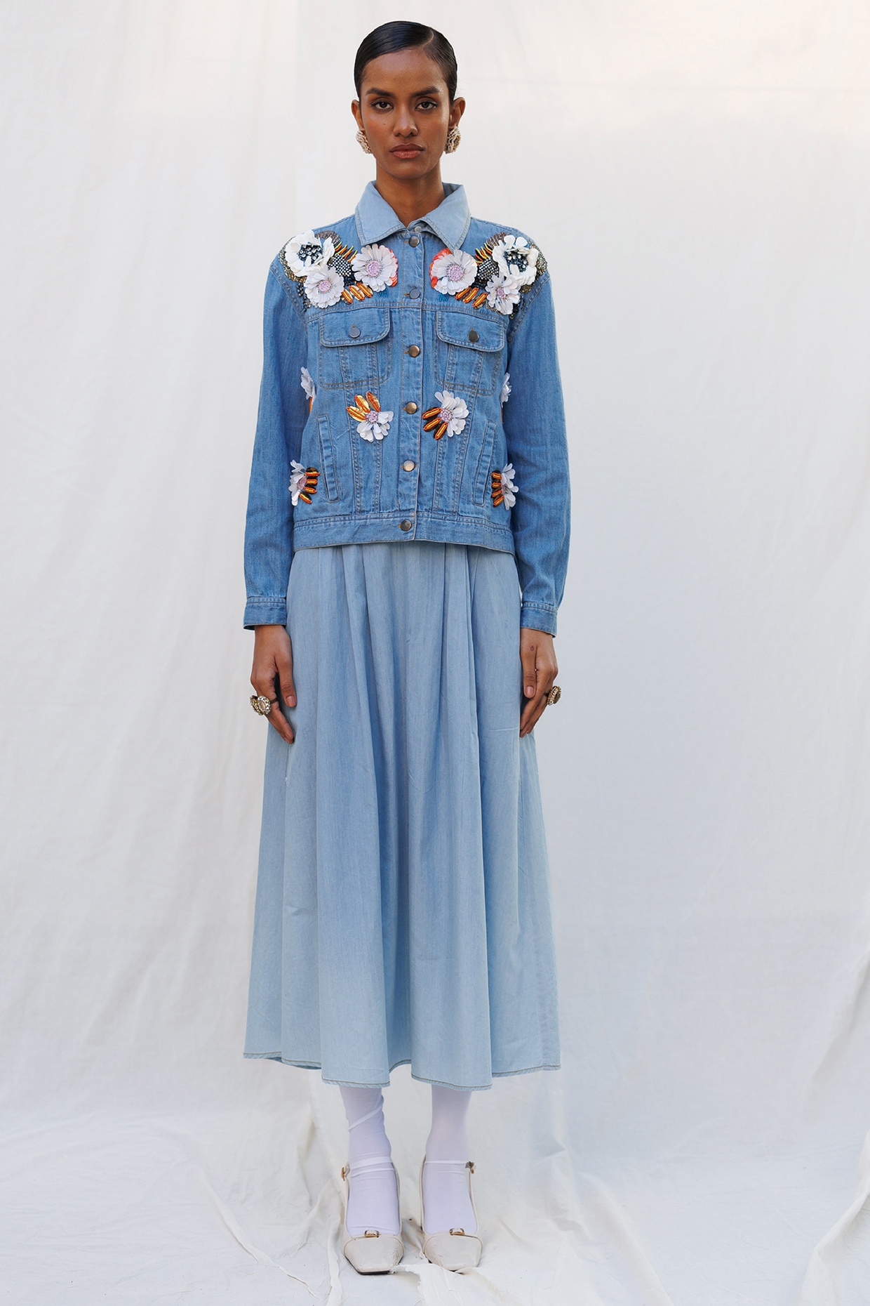 Nakateki Blue Denim Elastane Floral Embellished Jacket