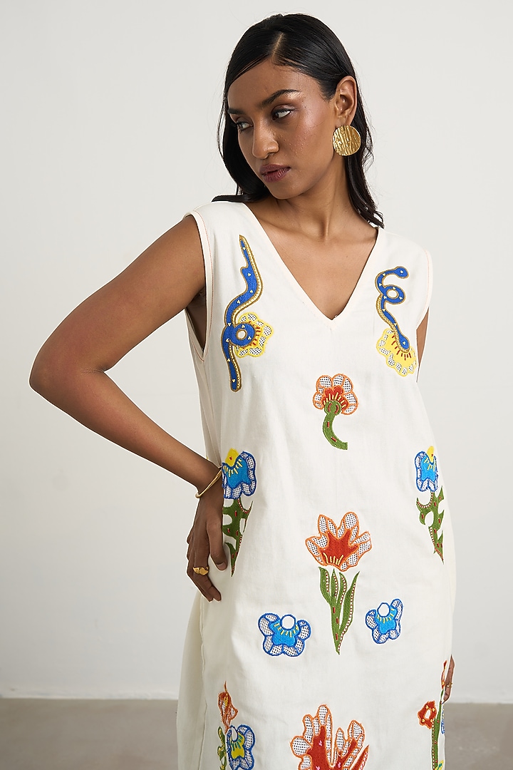 Off-White Canvas Patchwork Mini Vacation Dress by Nakateki at Pernia's Pop Up Shop