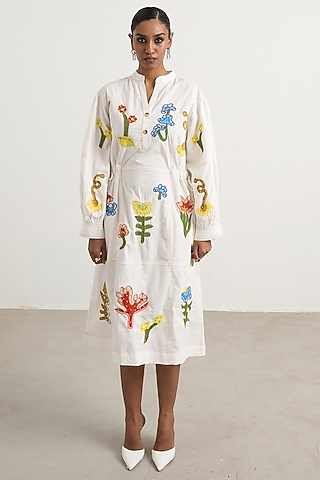 Off-White Cotton Poplin Patchwork Midi Dress by Nakateki