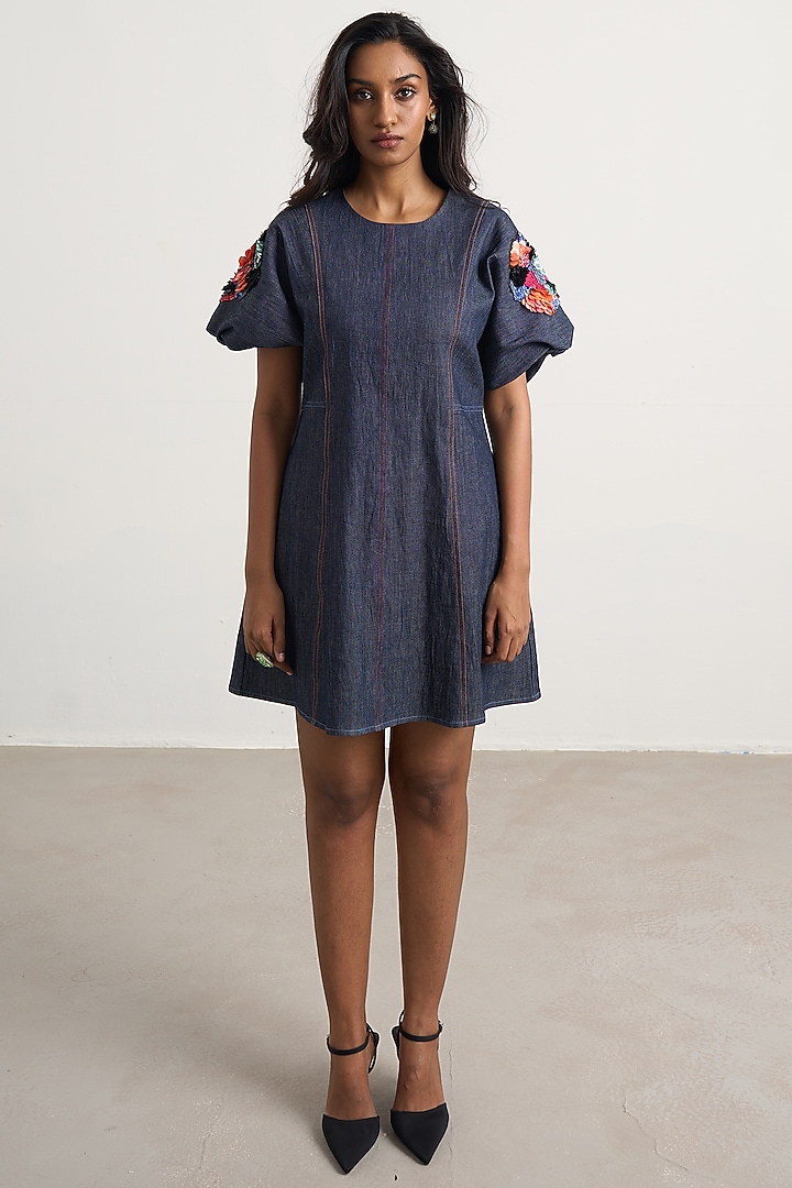 Blue Denim Floral Hand Embroidered Vacation Dress by Nakateki at Pernia's Pop Up Shop