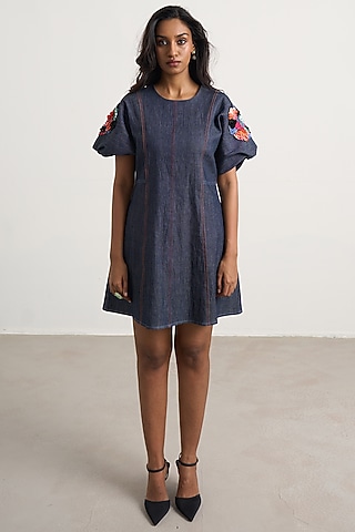 Blue Denim Floral Hand Embroidered Dress by Nakateki