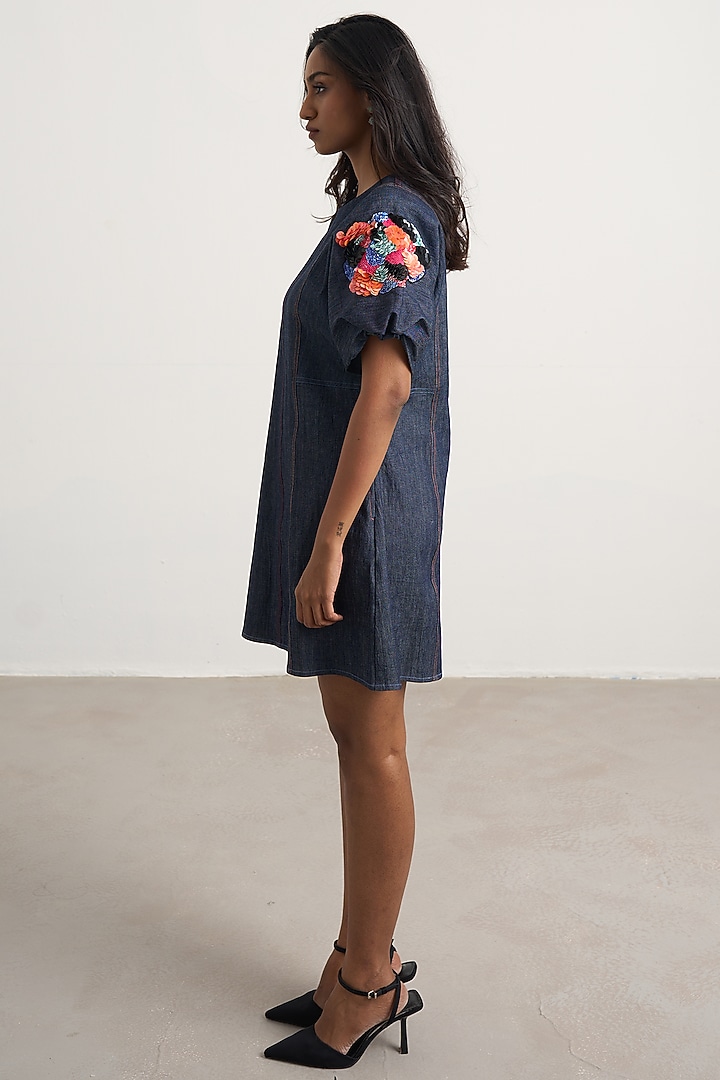 Blue Denim Floral Hand Embroidered Vacation Dress by Nakateki at Pernia's Pop Up Shop