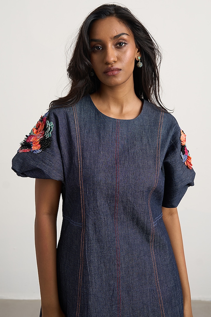 Blue Denim Floral Hand Embroidered Vacation Dress by Nakateki at Pernia's Pop Up Shop