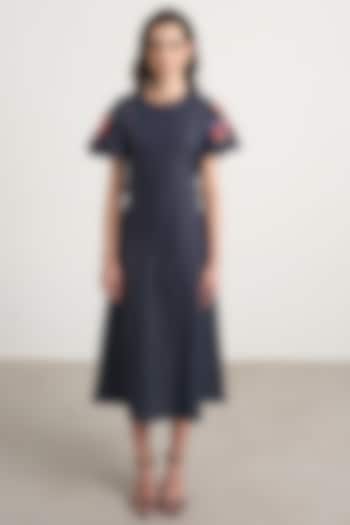 Dark Blue Denim Hand Embroidered Structured Midi Vacation Dress by Nakateki at Pernia's Pop Up Shop