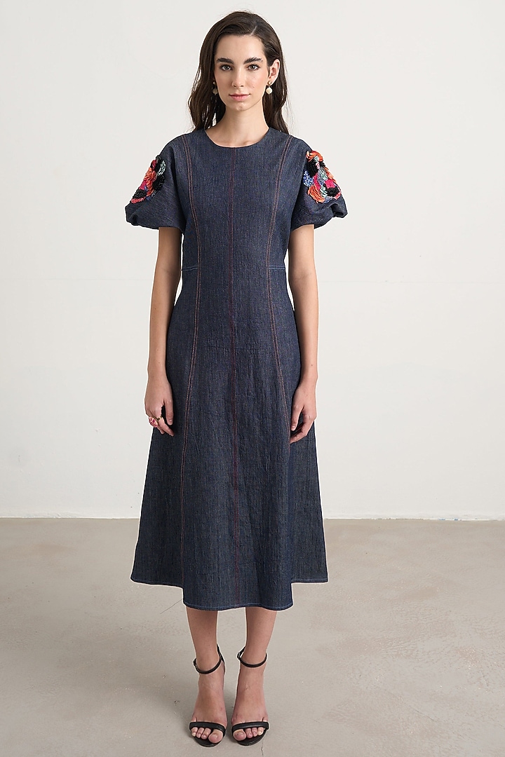 Dark Blue Denim Hand Embroidered Structured Midi Vacation Dress by Nakateki at Pernia's Pop Up Shop