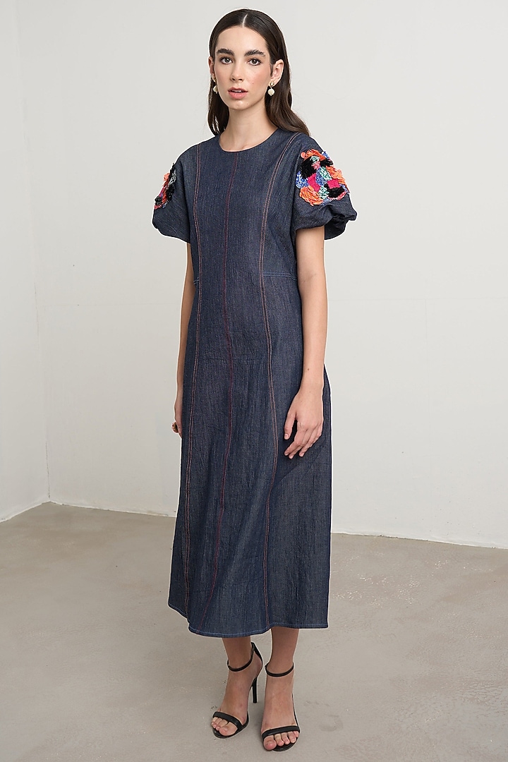 Dark Blue Denim Hand Embroidered Structured Midi Vacation Dress by Nakateki at Pernia's Pop Up Shop