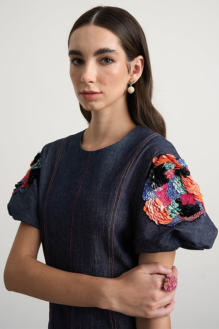 Dark Blue Denim Hand Embroidered Structured Midi Vacation Dress by Nakateki at Pernia's Pop Up Shop