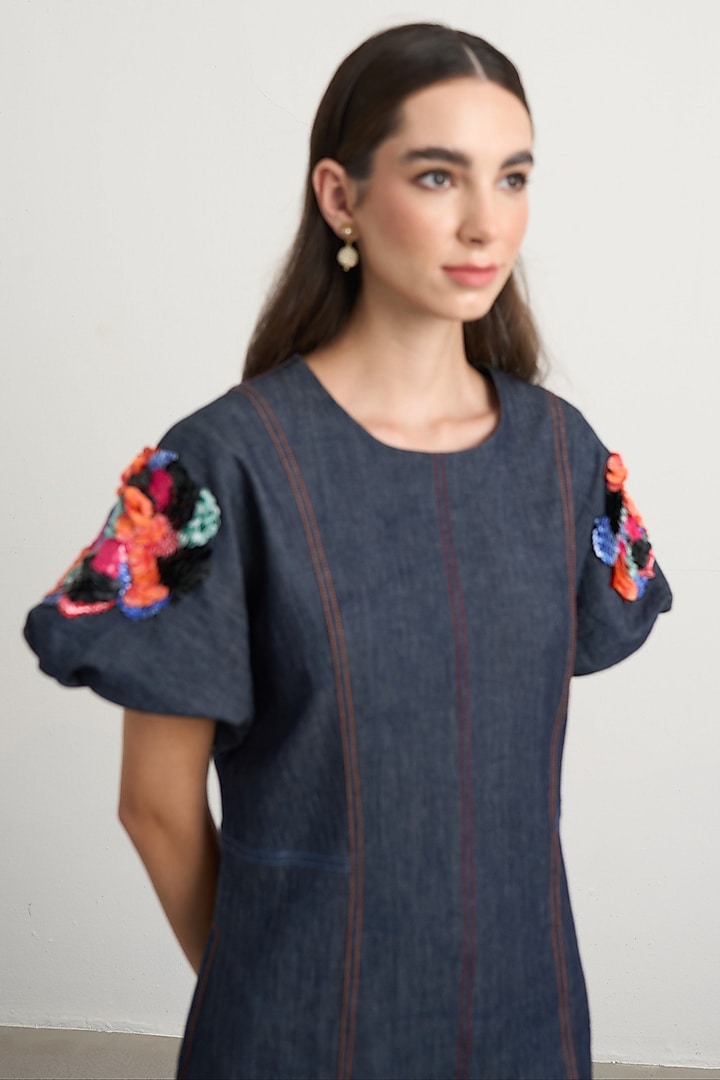 Dark Blue Denim Hand Embroidered Structured Midi Vacation Dress by Nakateki at Pernia's Pop Up Shop