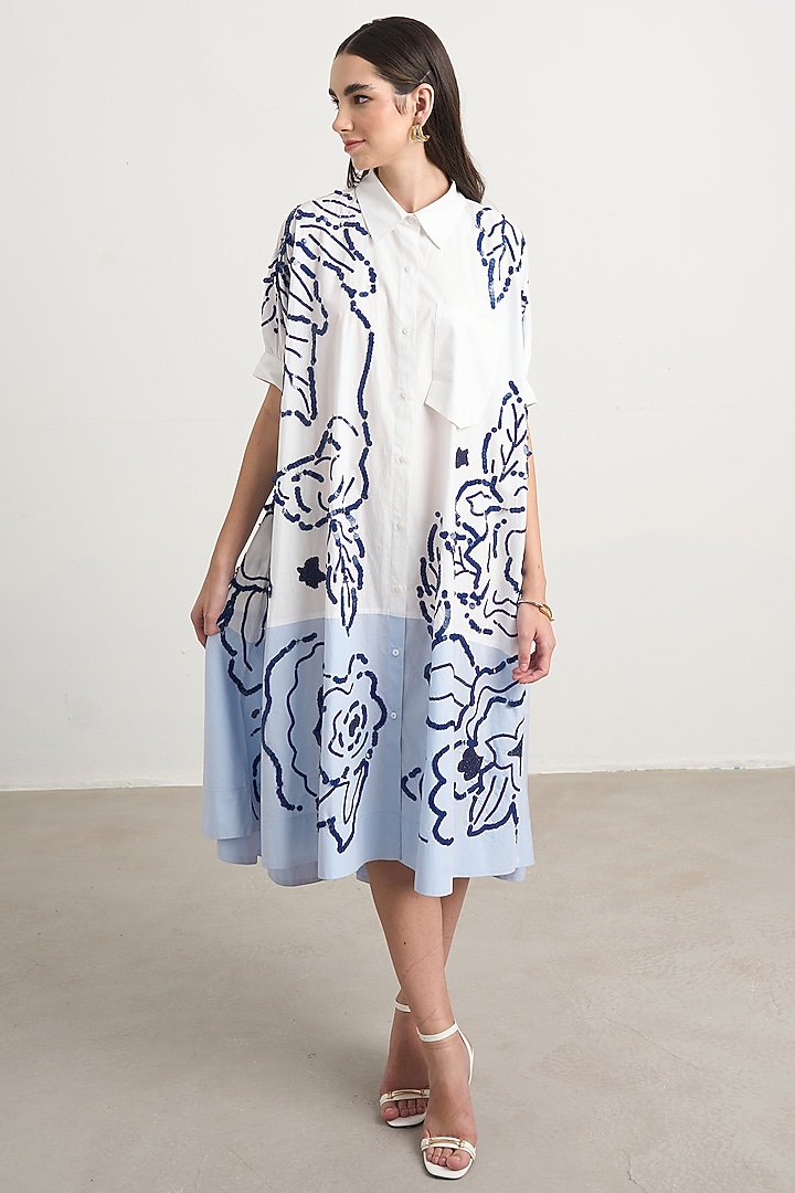 White & Blue Cotton Floral Embroidered Midi Shirt Vacation Dress by Nakateki at Pernia's Pop Up Shop