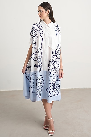 White & Blue Cotton Floral Embroidered Midi Shirt Dress by Nakateki