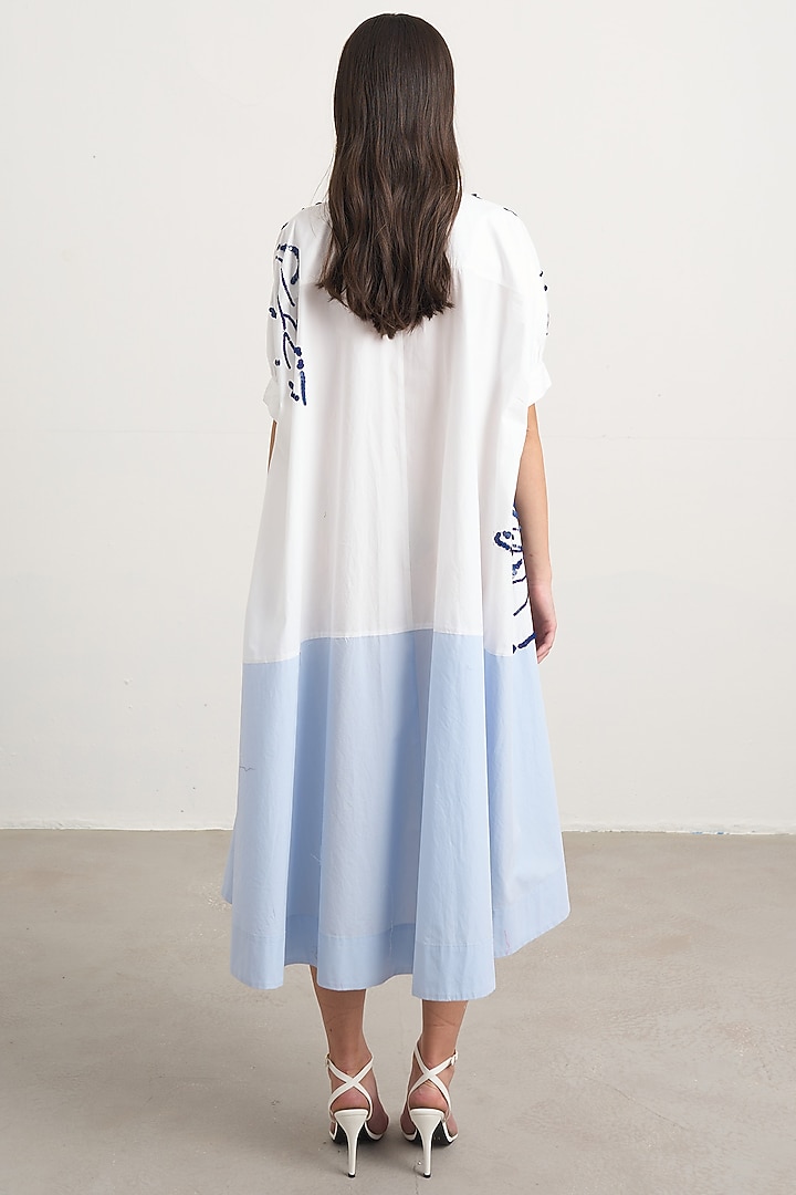 White & Blue Cotton Floral Embroidered Midi Shirt Vacation Dress by Nakateki at Pernia's Pop Up Shop