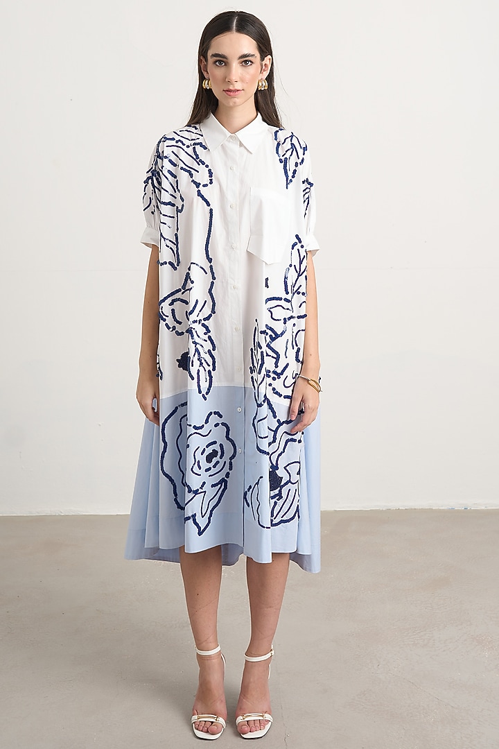 White & Blue Cotton Floral Embroidered Midi Shirt Vacation Dress by Nakateki at Pernia's Pop Up Shop