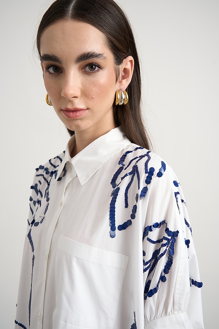 White & Blue Cotton Floral Embroidered Midi Shirt Vacation Dress by Nakateki at Pernia's Pop Up Shop