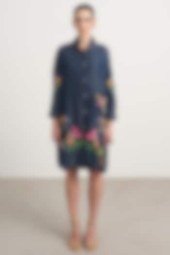 Dark Blue Denim Floral Embroidered Mini Shirt Vacation Dress by Nakateki at Pernia's Pop Up Shop