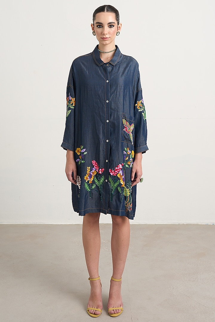 Dark Blue Denim Floral Embroidered Mini Shirt Vacation Dress by Nakateki at Pernia's Pop Up Shop