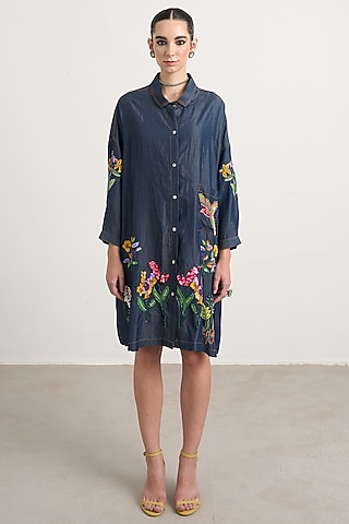 Dark Blue Denim Floral Embroidered Mini Shirt Dress by Nakateki