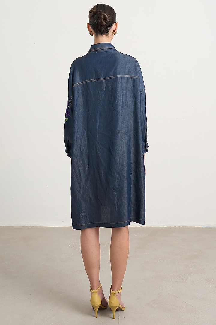 Dark Blue Denim Floral Embroidered Mini Shirt Vacation Dress by Nakateki at Pernia's Pop Up Shop