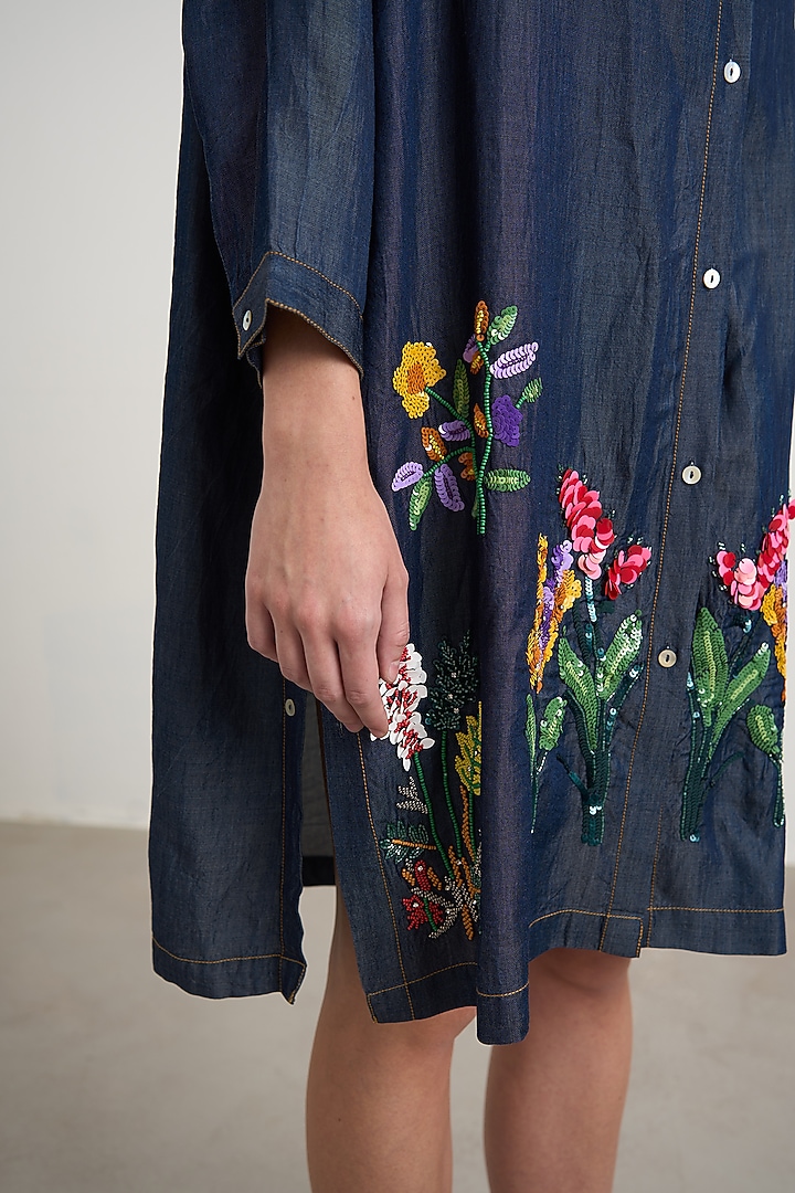 Dark Blue Denim Floral Embroidered Mini Shirt Vacation Dress by Nakateki at Pernia's Pop Up Shop