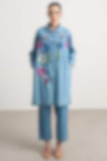 Blue Denim Floral Hand Embroidered Co-Ord Set by Nakateki at Pernia's Pop Up Shop