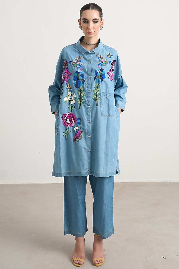 Blue Denim Floral Hand Embroidered Co-Ord Set by Nakateki at Pernia's Pop Up Shop