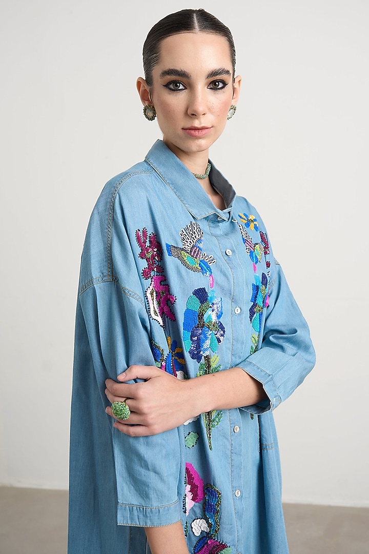 Blue Denim Floral Hand Embroidered Co-Ord Set by Nakateki at Pernia's Pop Up Shop