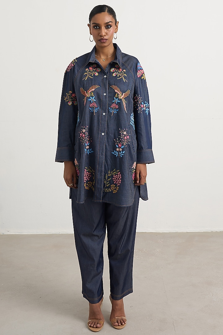 Blue Cotton Floral Embroidered Co-Ord Set by Nakateki at Pernia's Pop Up Shop