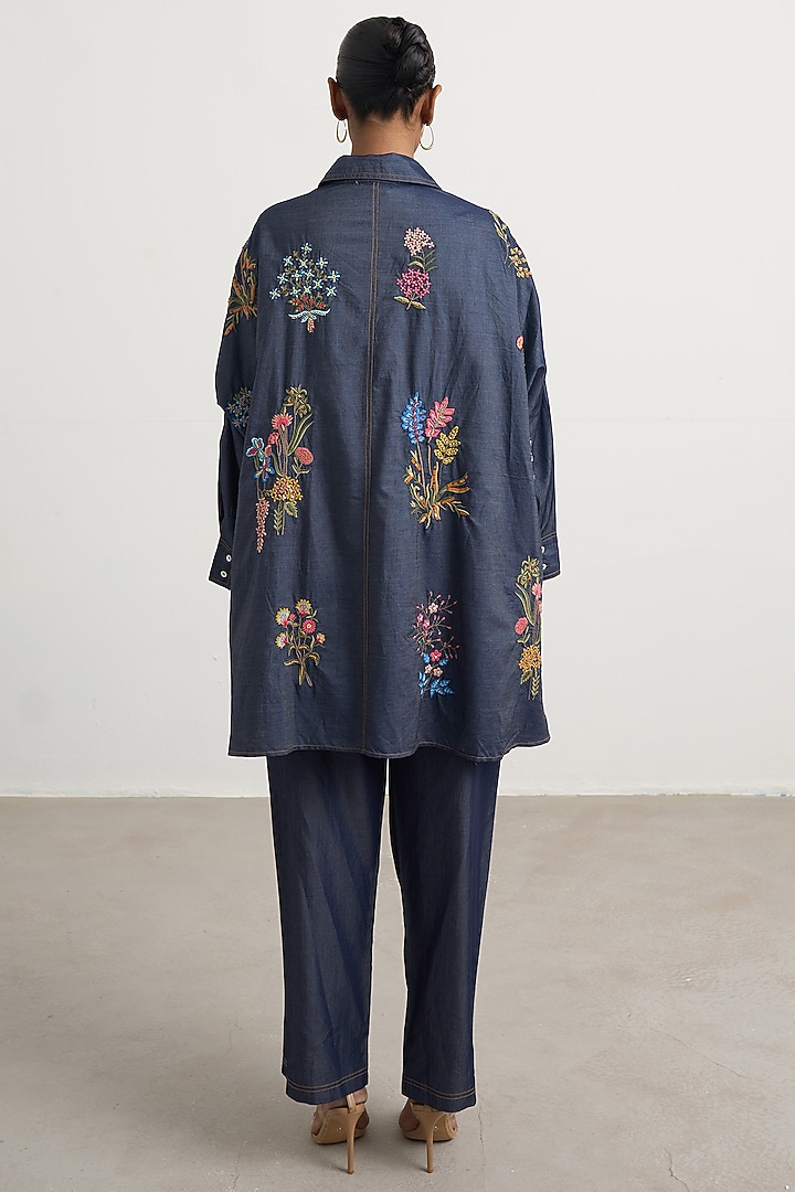 Blue Cotton Floral Embroidered Co-Ord Set by Nakateki at Pernia's Pop Up Shop