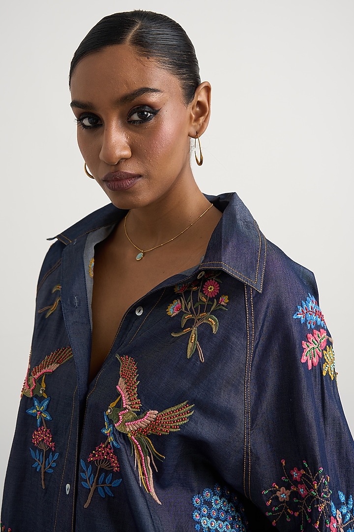 Blue Cotton Floral Embroidered Co-Ord Set by Nakateki at Pernia's Pop Up Shop