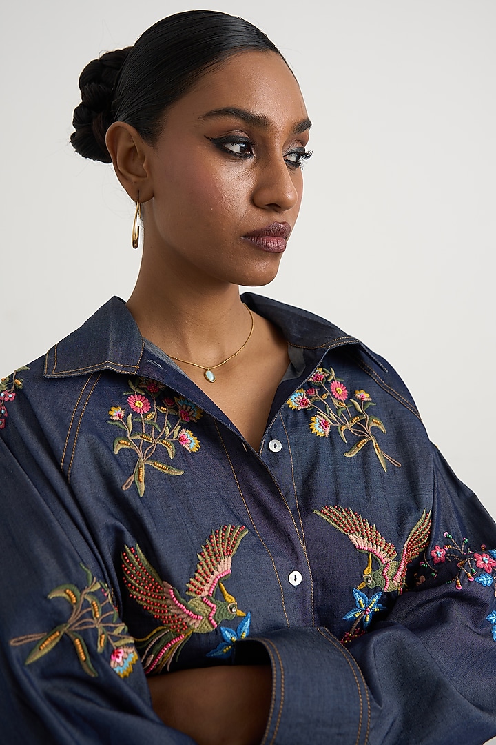 Blue Cotton Floral Embroidered Co-Ord Set by Nakateki at Pernia's Pop Up Shop