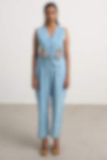 Soft Blue Denim Floral Embroidered Co-Ord Set by Nakateki at Pernia's Pop Up Shop