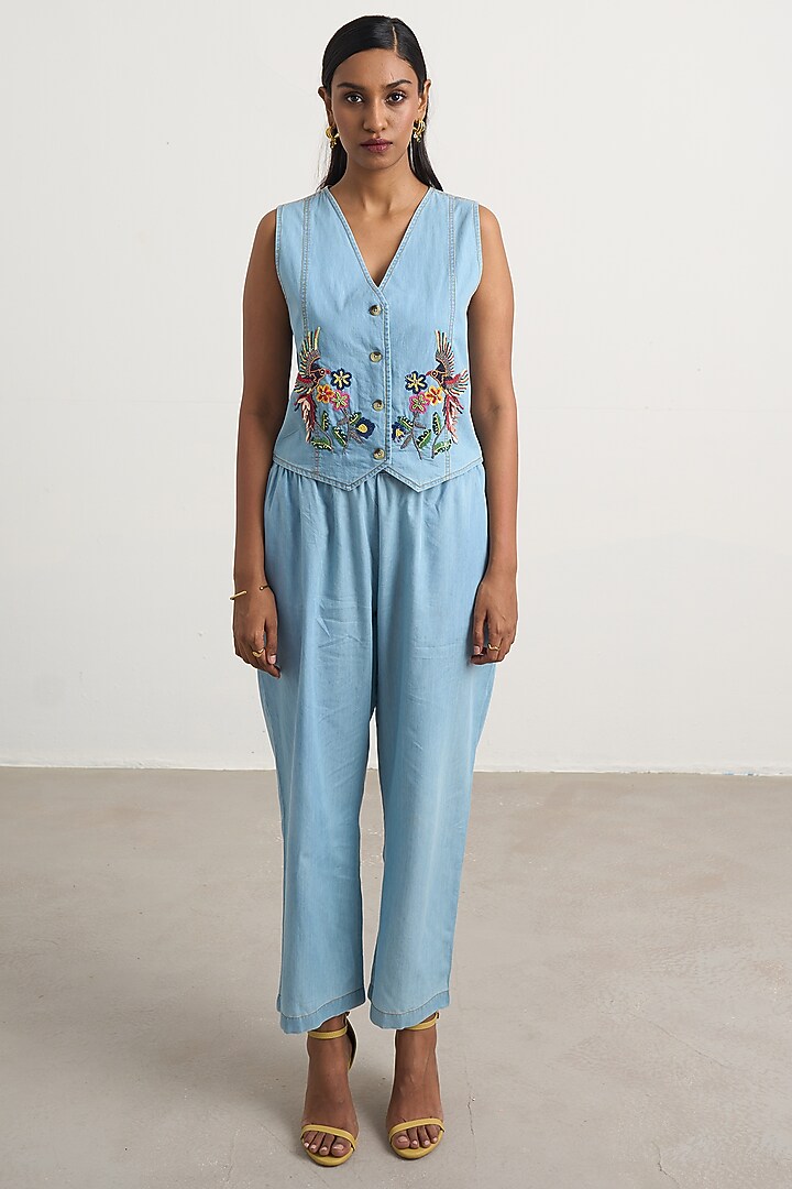 Soft Blue Denim Floral Embroidered Co-Ord Set by Nakateki at Pernia's Pop Up Shop