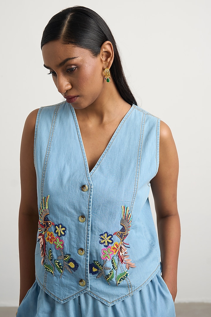 Soft Blue Denim Floral Embroidered Co-Ord Set by Nakateki at Pernia's Pop Up Shop