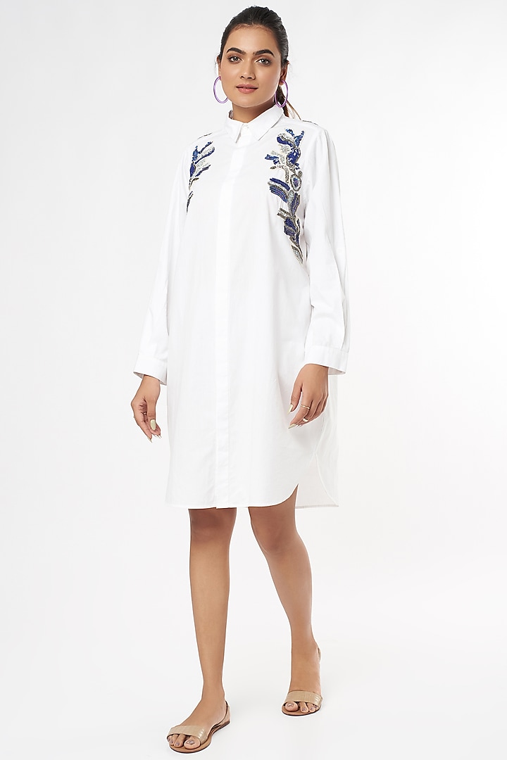 White Embroidered Shirt Dress by Nakateki