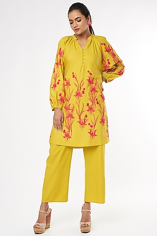 Yellow Embroidered Co-Ord Set by Nakateki