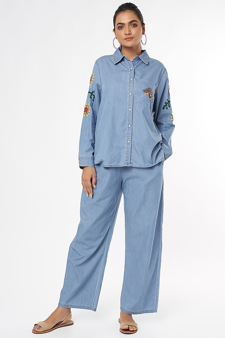 Sky Blue Hand Embroidered Shirt by Nakateki at Pernia's Pop Up Shop