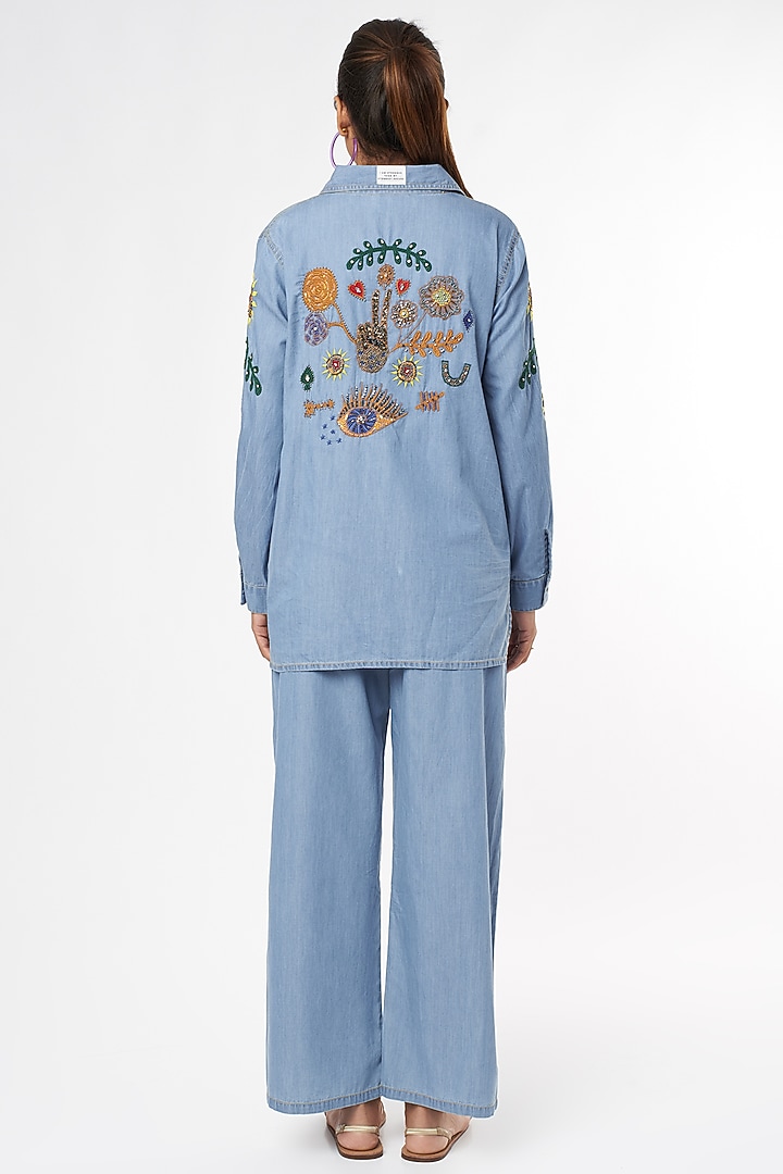 Sky Blue Hand Embroidered Shirt by Nakateki at Pernia's Pop Up Shop