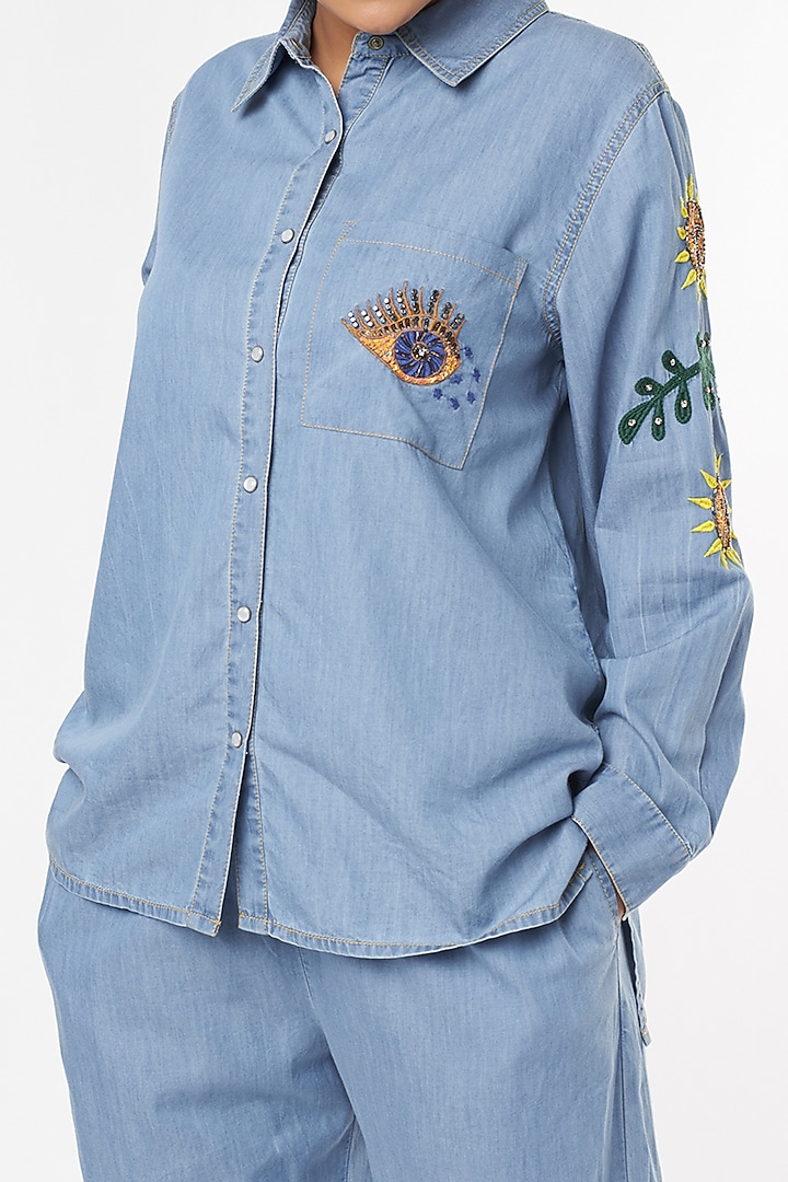 Sky Blue Hand Embroidered Shirt by Nakateki at Pernia's Pop Up Shop