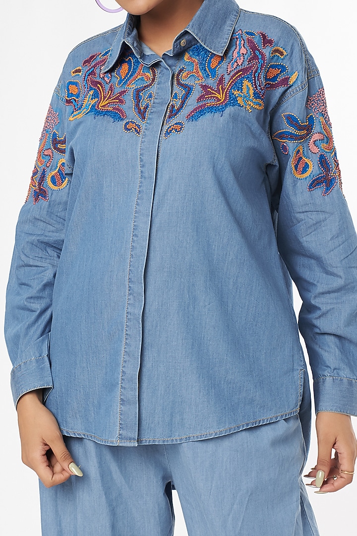 Sky Blue Sequins Embroidered Shirt by Nakateki at Pernia's Pop Up Shop