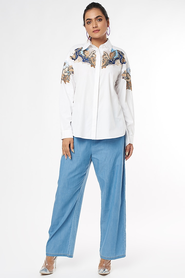 White Sequins Embroidered Shirt by Nakateki