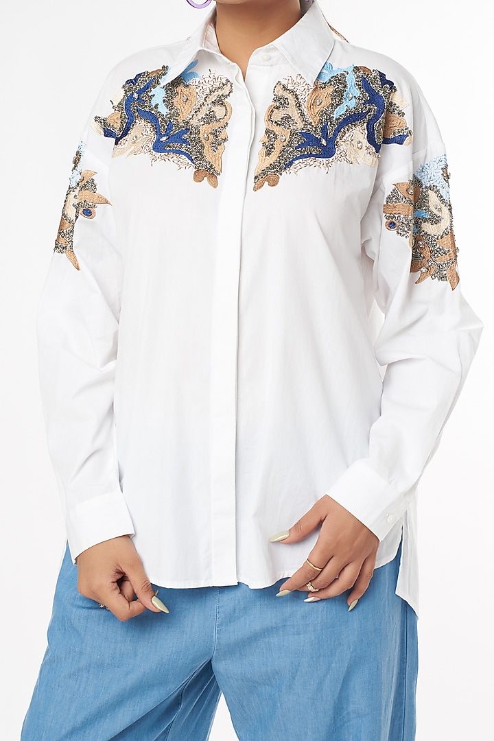 White Sequins Embroidered Shirt by Nakateki at Pernia's Pop Up Shop